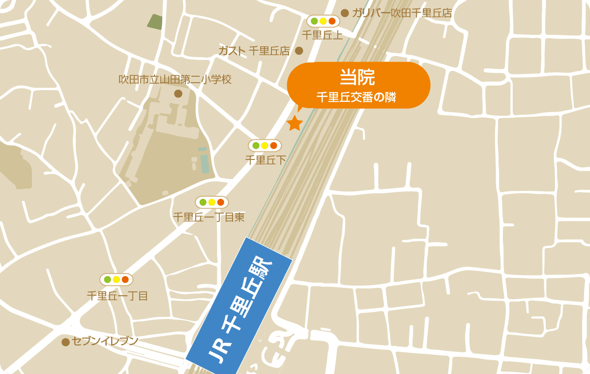 JR千里丘駅からの地図　千里丘交番の隣りです